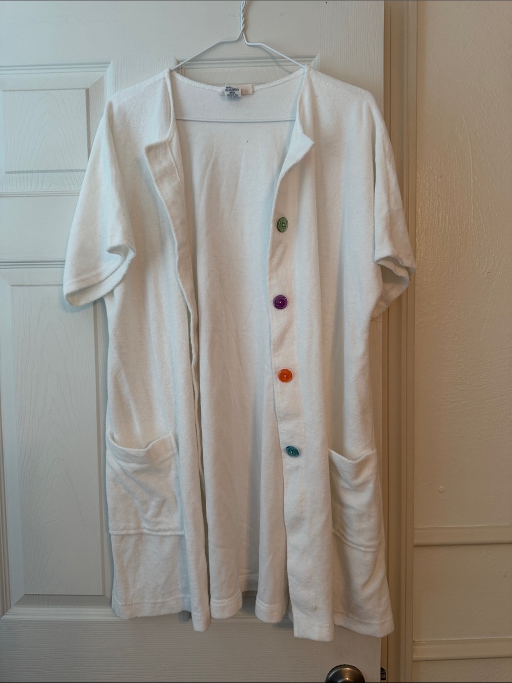 White Short-Sleeve Women’s Swim Coverup with Colorful Buttons